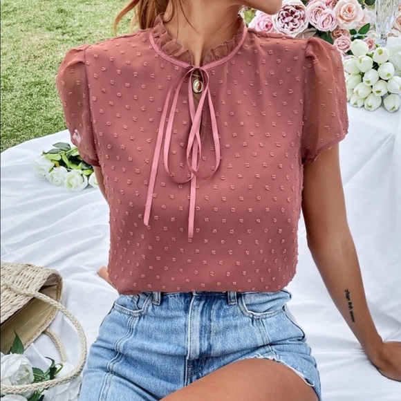 Boho redwood Swiss dot tie neck puff sleeve blouse - Picture 1 of 15